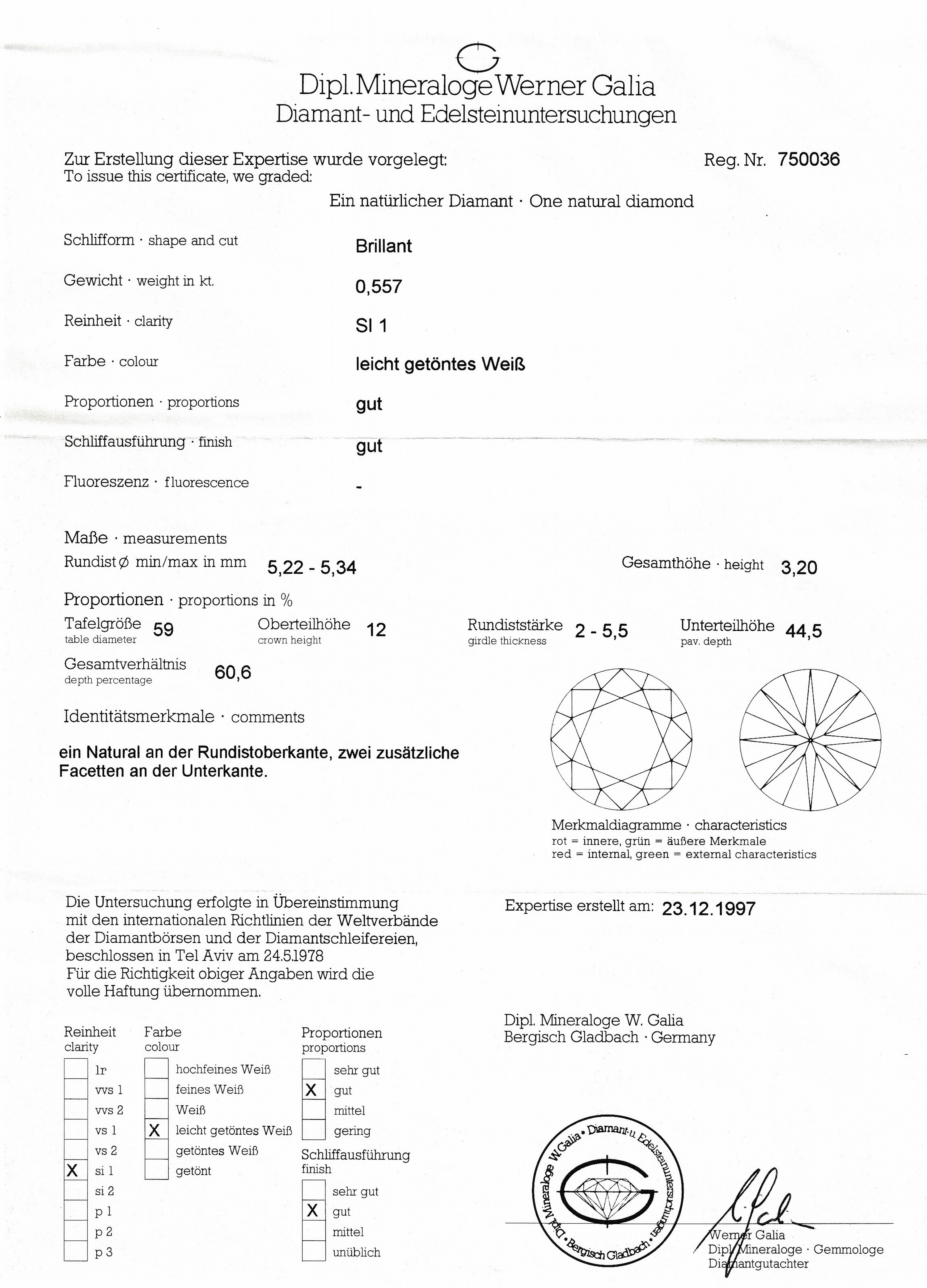 Detail a: Paar 18 kt Gold Brillant-Ohrstecker, GG 750/000, je 1 Brillant laut Galia-Expertise von 1997 je 0.557 ct l.get.Weiß/si1, Zargenfassung