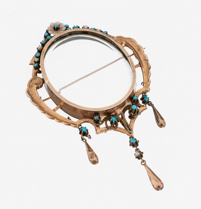 Image Türkis-Perl-Medaillonbrosche, um 1900, Metall verg., mittig ovales Glas, ...