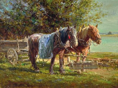 Image Hans Nickel, 1916 Mährisch Lotschnau-1986 Altdorf bei Nürtingen, zwei Arbeitspferde ...