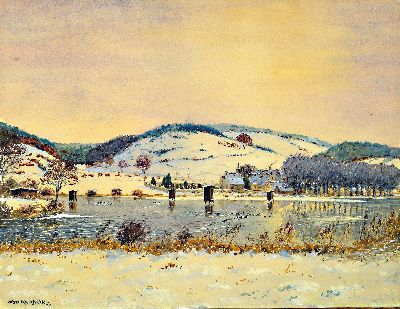 27042263b - Otto Knödler, 1887-1960, 3 Aquarelle: 1) verschneite Landschaft mit Häuserzeile, sign. ...