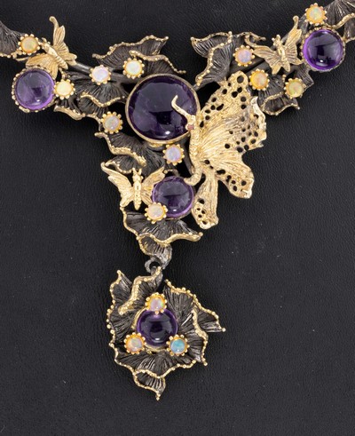 27042266a - Ausgefallenes Amethyst-Opal-Collier, Silbergepr., teilverg., organisches florales ...
