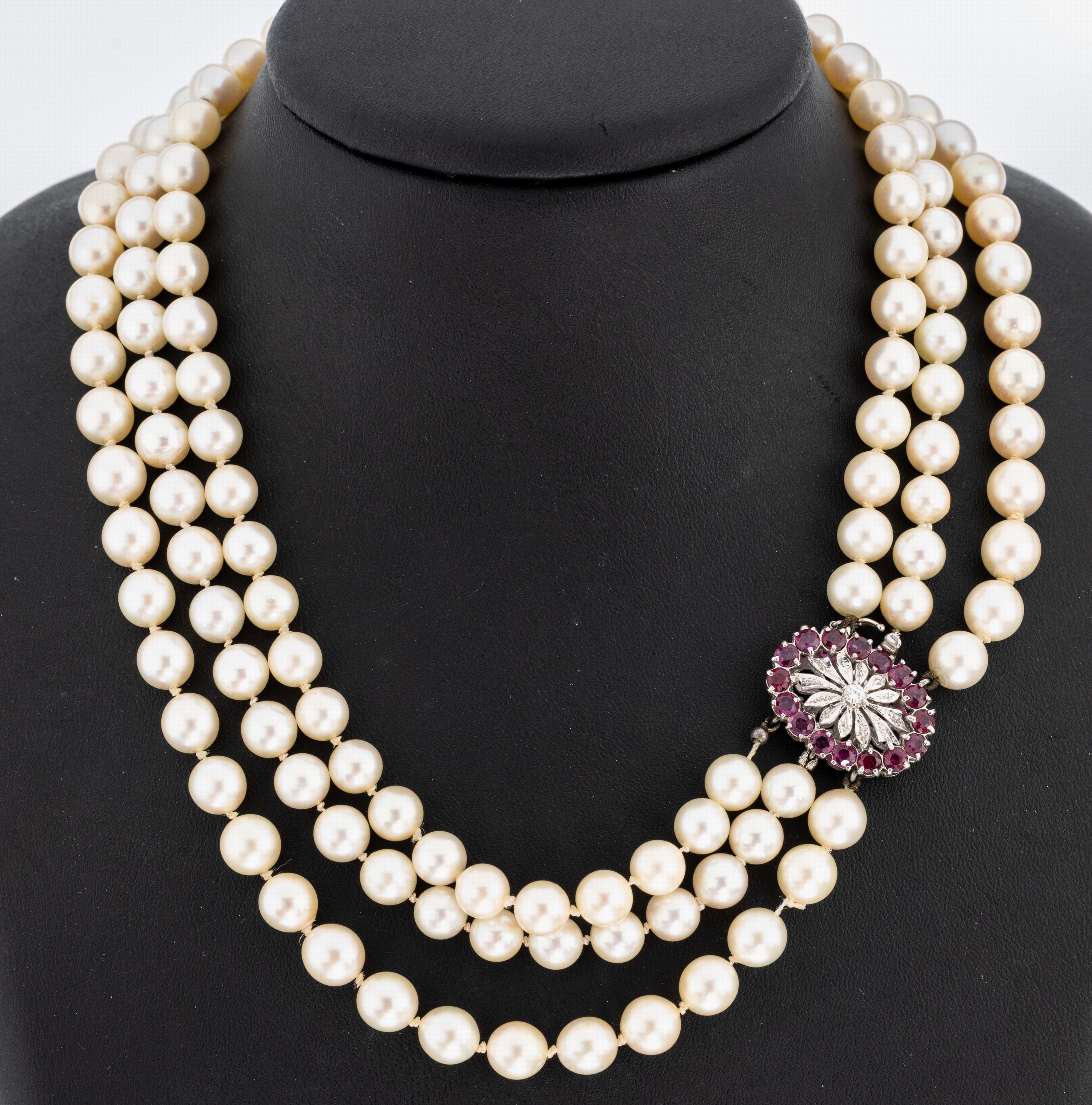 Image 27042366 - Perl-Collier mit 18 kt Gold Rubin-Brillant -Schmuckschließe, WG 750/000, 3-rhg. ...