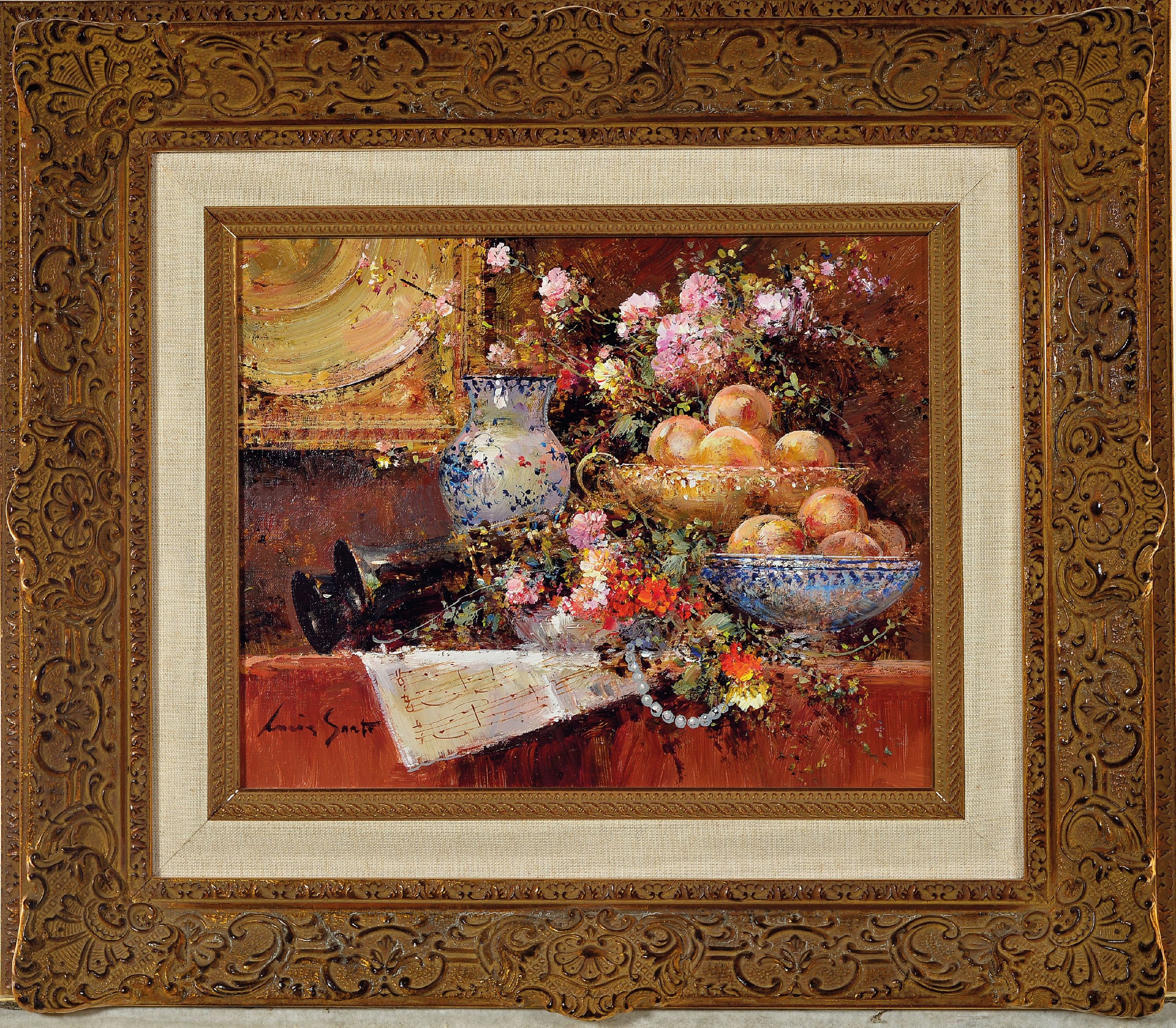 Detail k: Lucia Sarto, geb. 1950 Italien, prunkvolles Stillleben, um 1998, links unten signiert, Öl/Lwd, 24x30 cm, vergoldeter Rahmen 44x50 cm, mit ...