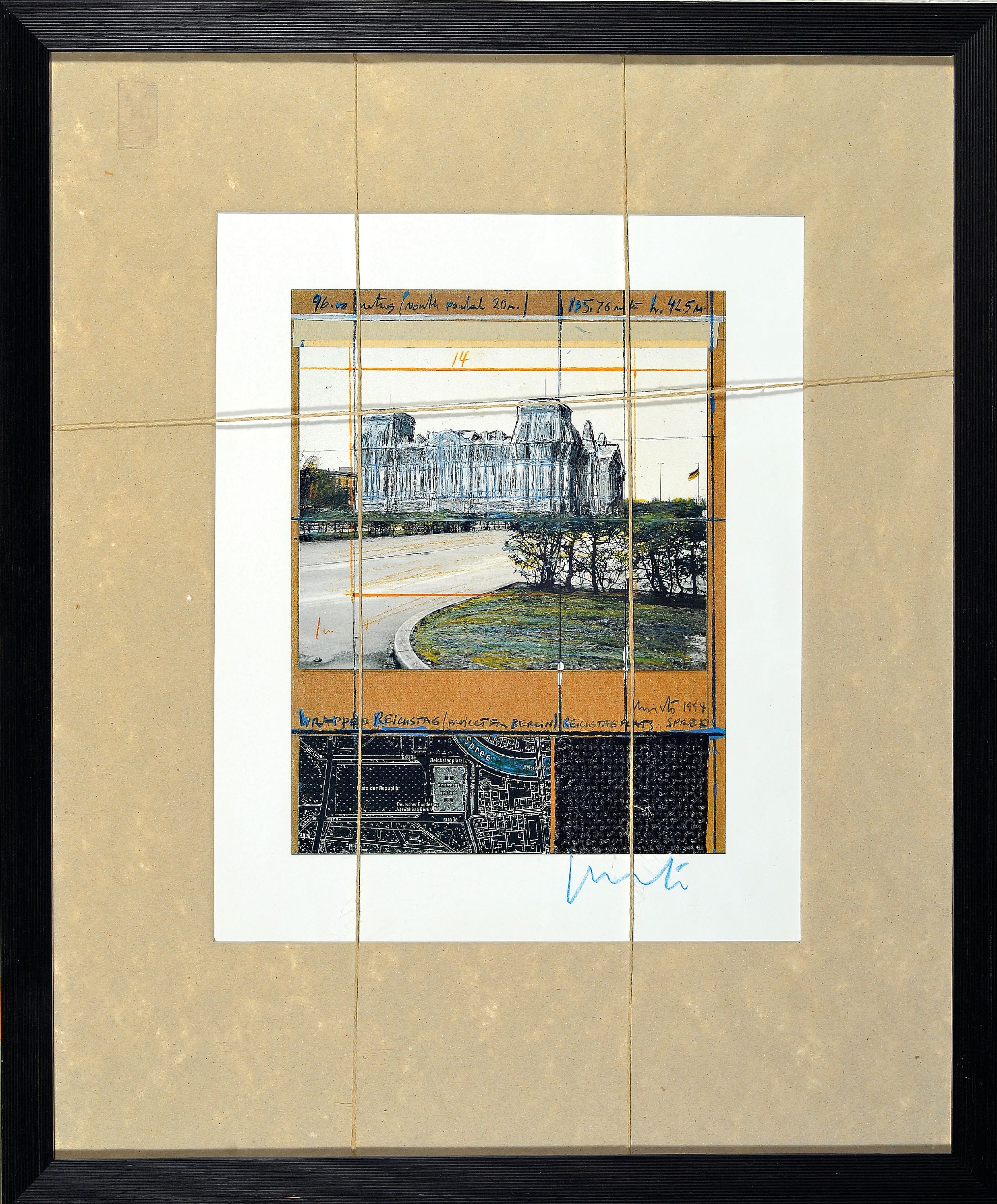 Detail k: Christo und Jeanne-Claude, Project for Berlin, Wrapped Reichstag, Farboffset mit Silberfolienprägung, rechts unten handsign., 27x21.5cm, PP, Schnur, ...