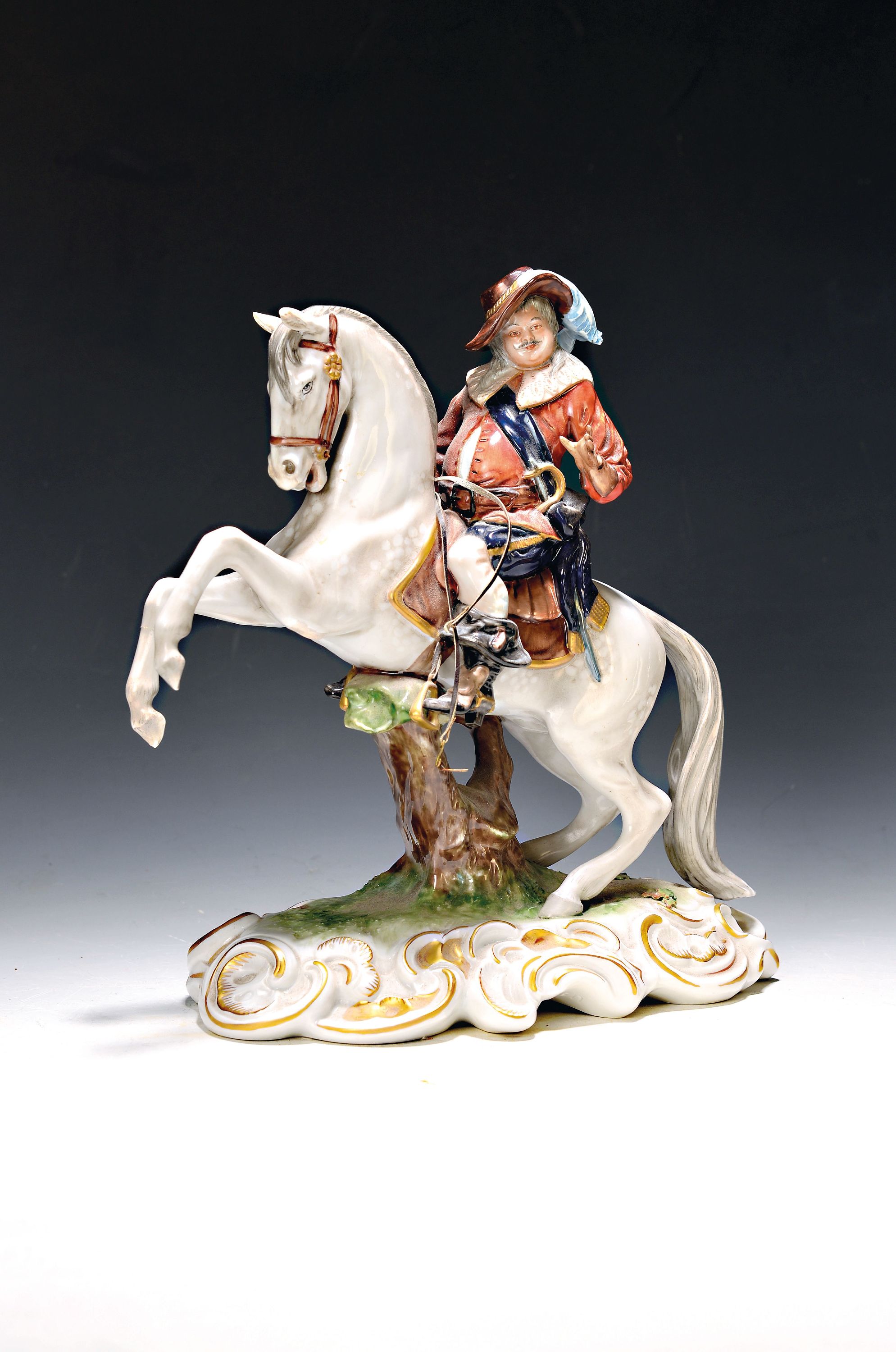 Image 27042402 - Große Porzellanfigur, Unterweissbach, 20. Jh., Landsknecht zu Pferd, bunt bemalt, ein ...