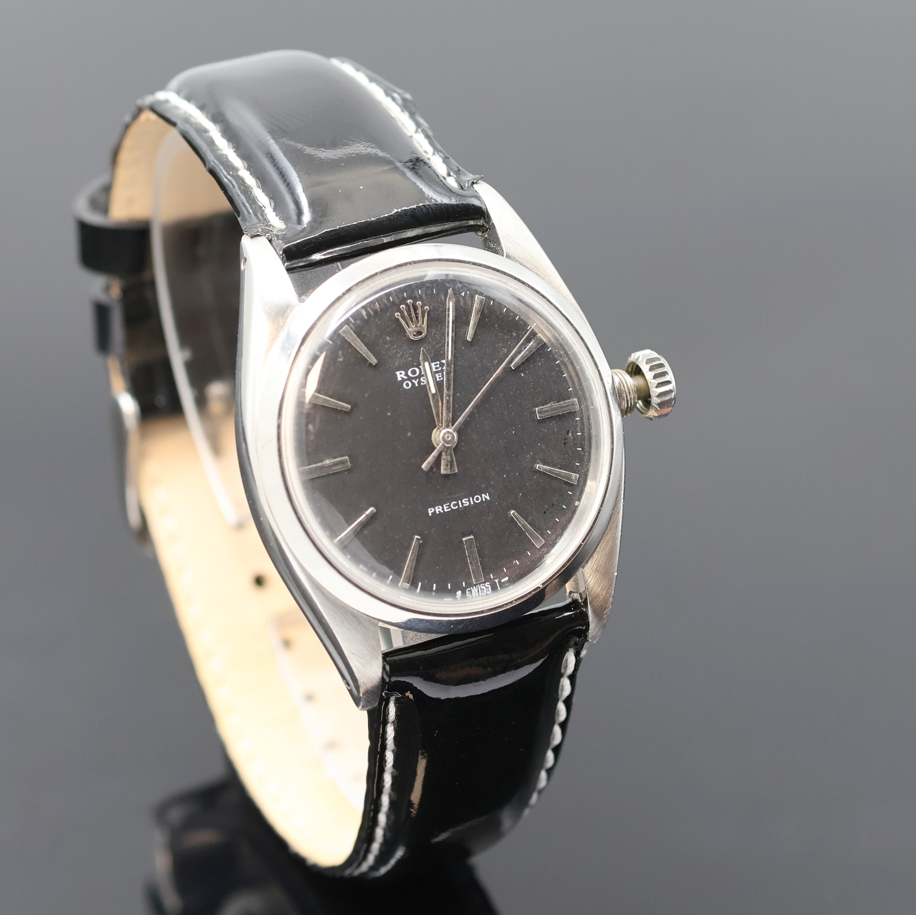 Detail b: ROLEX Oyster Precision Herrenarmbanduhr Referenz 6426/6425, Schweiz 2. Quartal 1966 lt. Gravur im Boden, Handaufzug, verschr. Gehäuse, schwarze ...