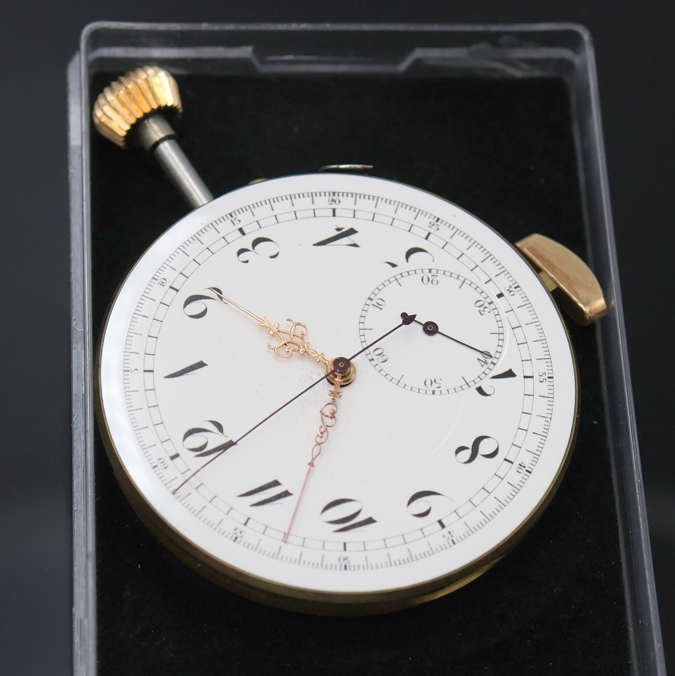 Detail b: Taschenuhrwerk mit Repetition und Schaltradchronograph, Schweiz um 1900, verg. Ankerwerk, Schr.-Unr., Schlag auf Tonfeder, Emailzifferbl. m. ...