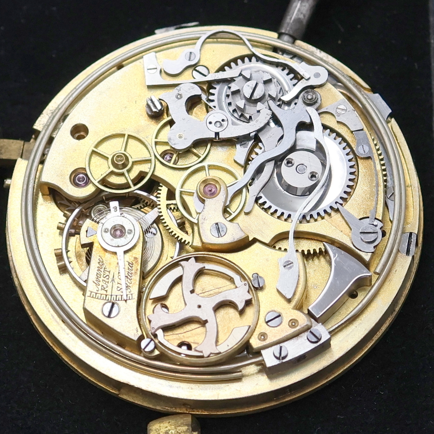 Detail a: Taschenuhrwerk mit Repetition und Schaltradchronograph, Schweiz um 1900, verg. Ankerwerk, Schr.-Unr., Schlag auf Tonfeder, Emailzifferbl. sign. ...