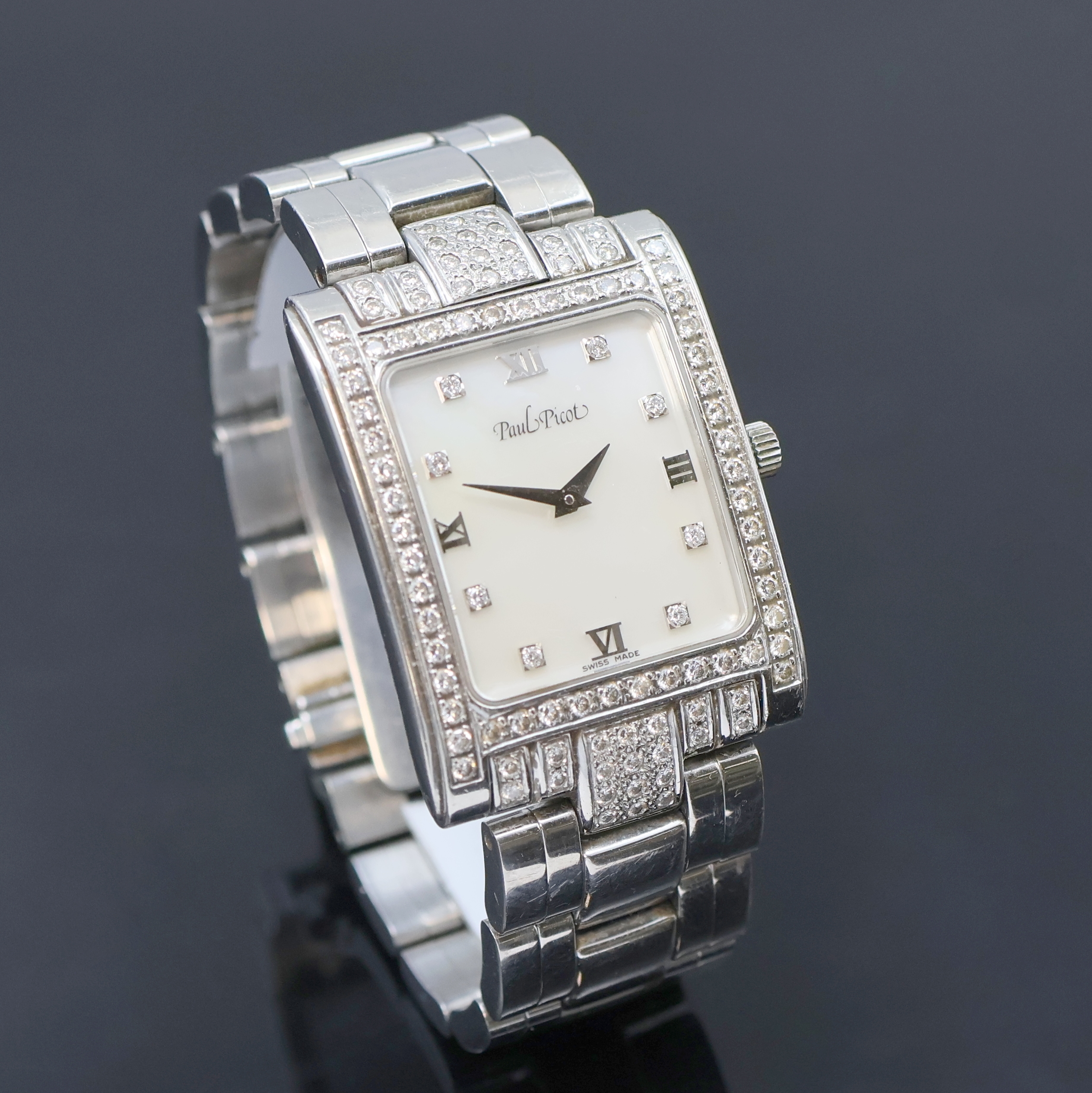 Detail b: PAUL PICOT Armbanduhr mit Diamanten Referenz 5028, Schweiz um 2005, quarz, Edelstahlgeh. aufw. m. Diamanten bes., Boden 4-fach verschr., orig. ...