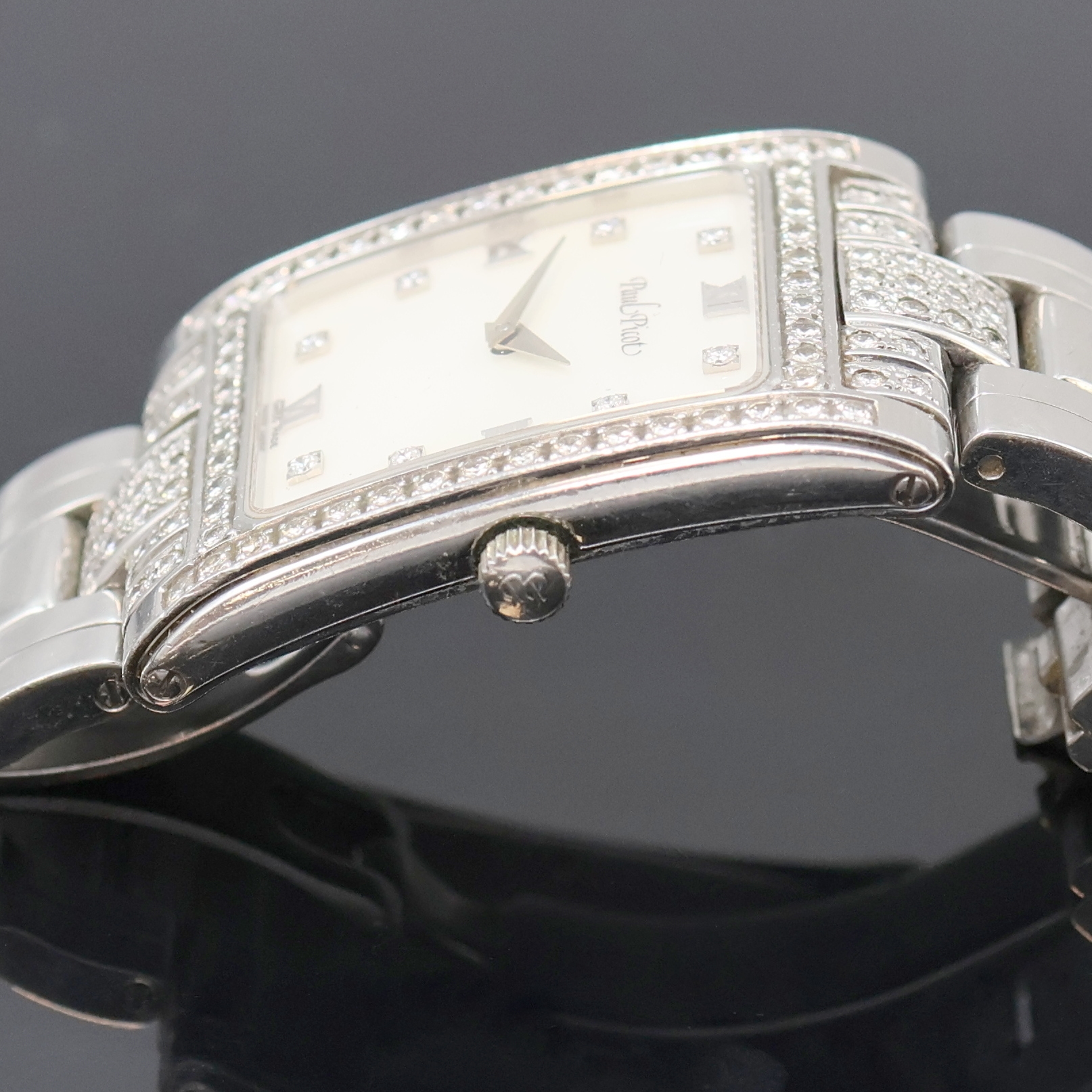 Detail d: PAUL PICOT Armbanduhr mit Diamanten Referenz 5028, Schweiz um 2005, quarz, Edelstahlgeh. aufw. m. Diamanten bes., Boden 4-fach verschr., orig. ...