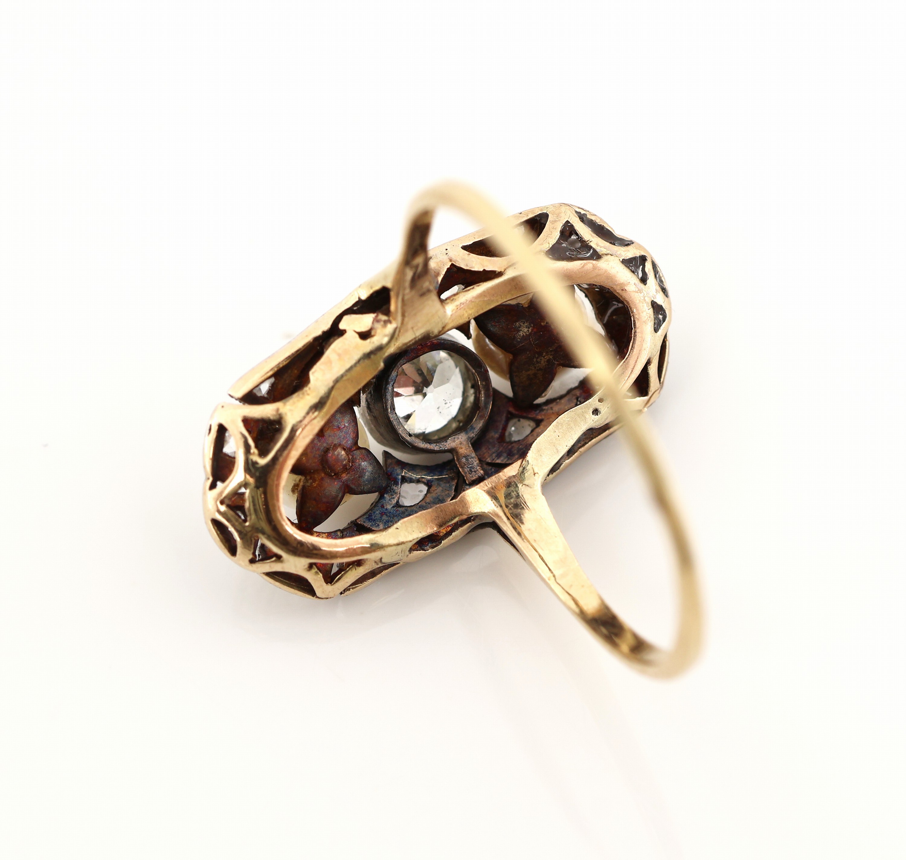 Detail b: 14 kt Gold Art-Deco-Perl-Diamant-Ring, GG 585/000 und Platin, 2 Orientperlen, Altschliff-Diamant ca. 0.50 ct Weiß/si, Diamantrosen zus. ca. 0.12 ...