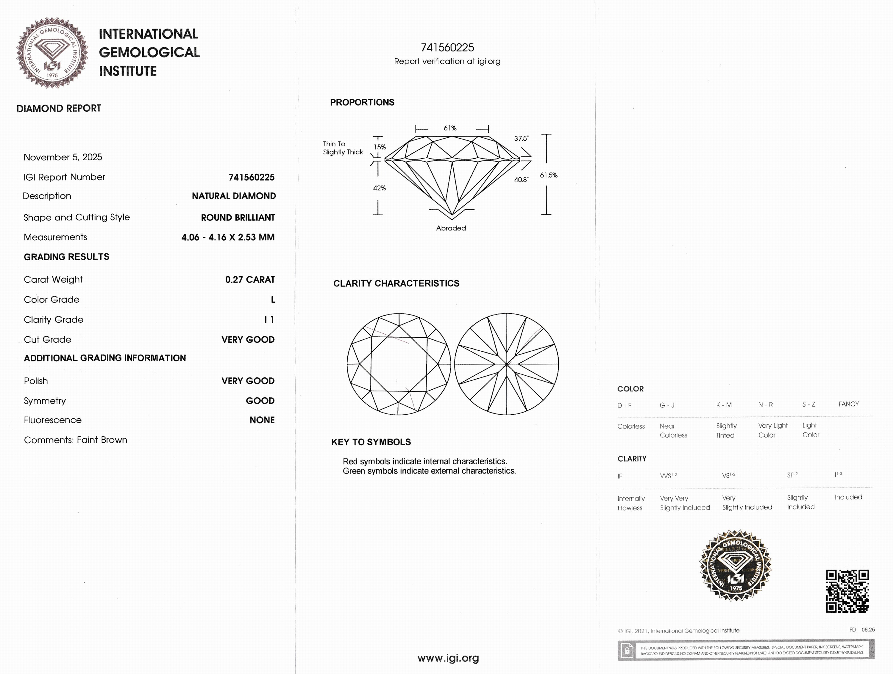 Detail a: Loser Brillant, 0.27 ct Getöntes Weiß(L)/p1, eingeschweißt, IGI-Expertise