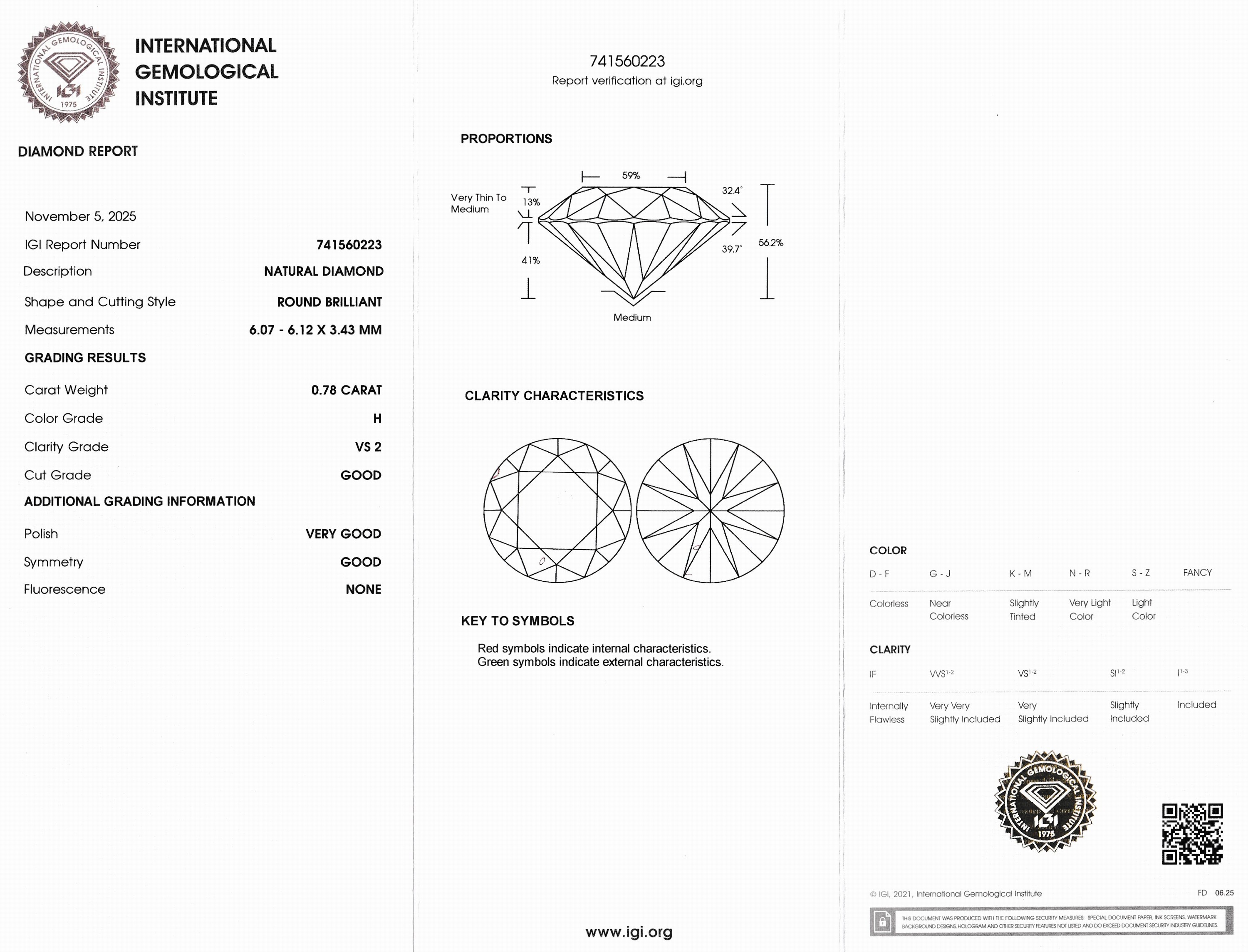 Detail a: Loser Brillant, 0.78 ct Weiß(H)/vs2, eingeschweißt, IGI-Expertise
