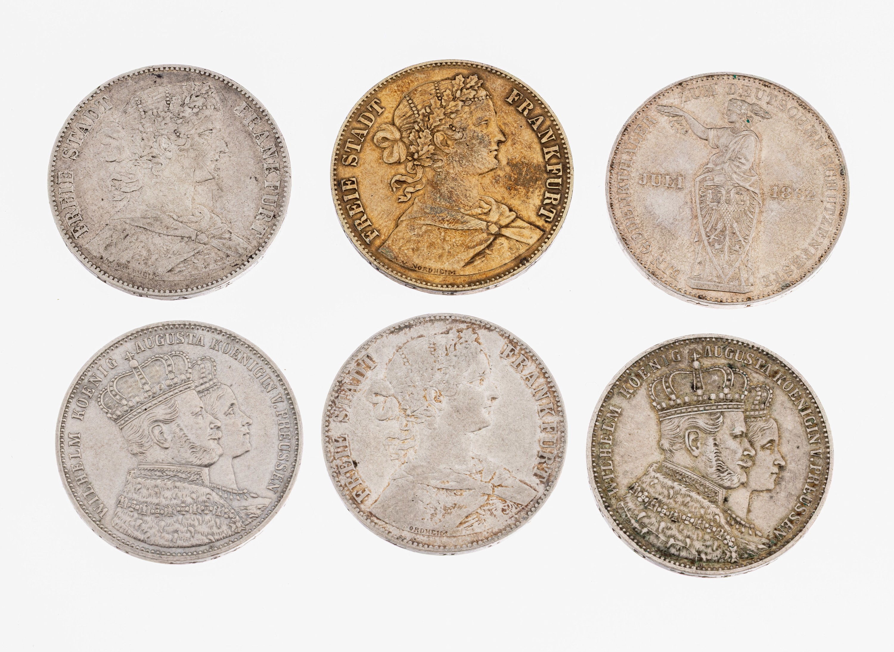 Image 27042630 - Konvolut 6 Silbermünzen, Frankfurt 3 Vereinsthaler 1860, Gedenktaler Frankfurt 1862und ...
