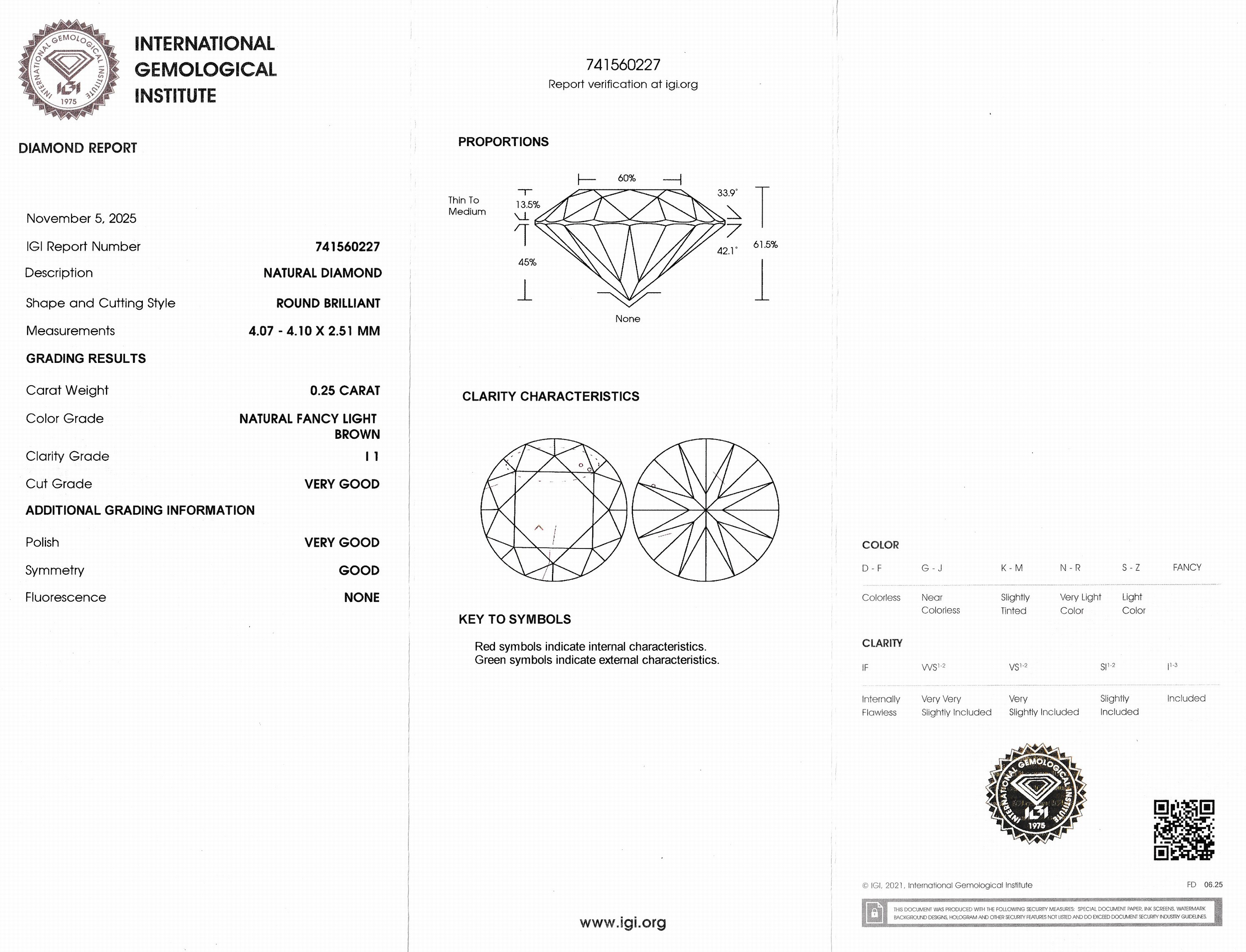 Detail a: Loser Brillant, 0.25 ct Natural Fancy Light Brown/p1, eingeschweißt, IGI-Expertise
