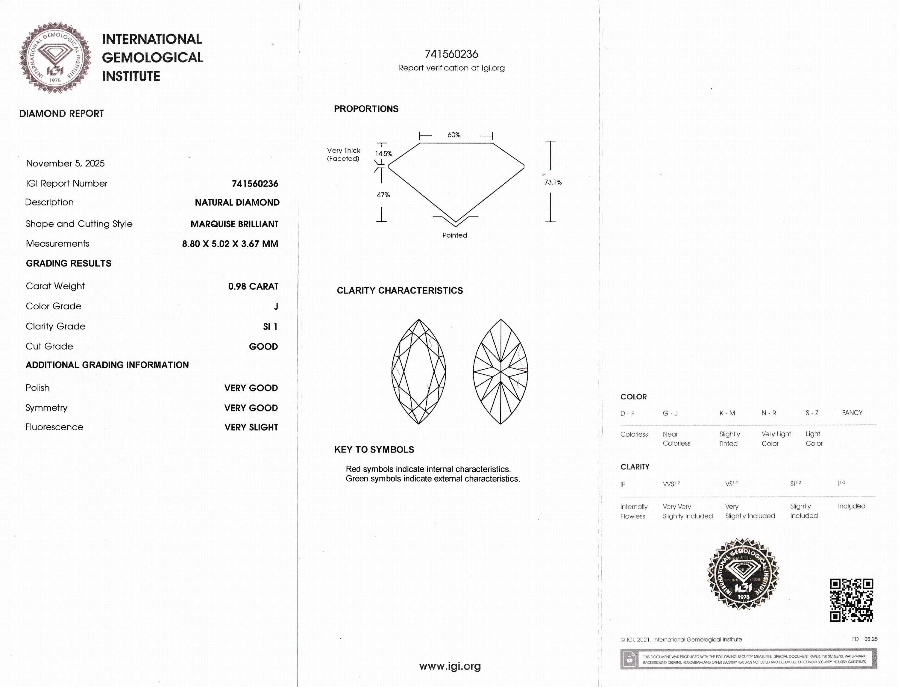 Detail a: Lose Diamant-Navette, 0.98 ct l.get.Weiß(J)/ si1, eingeschweißt, IGI-Expertise