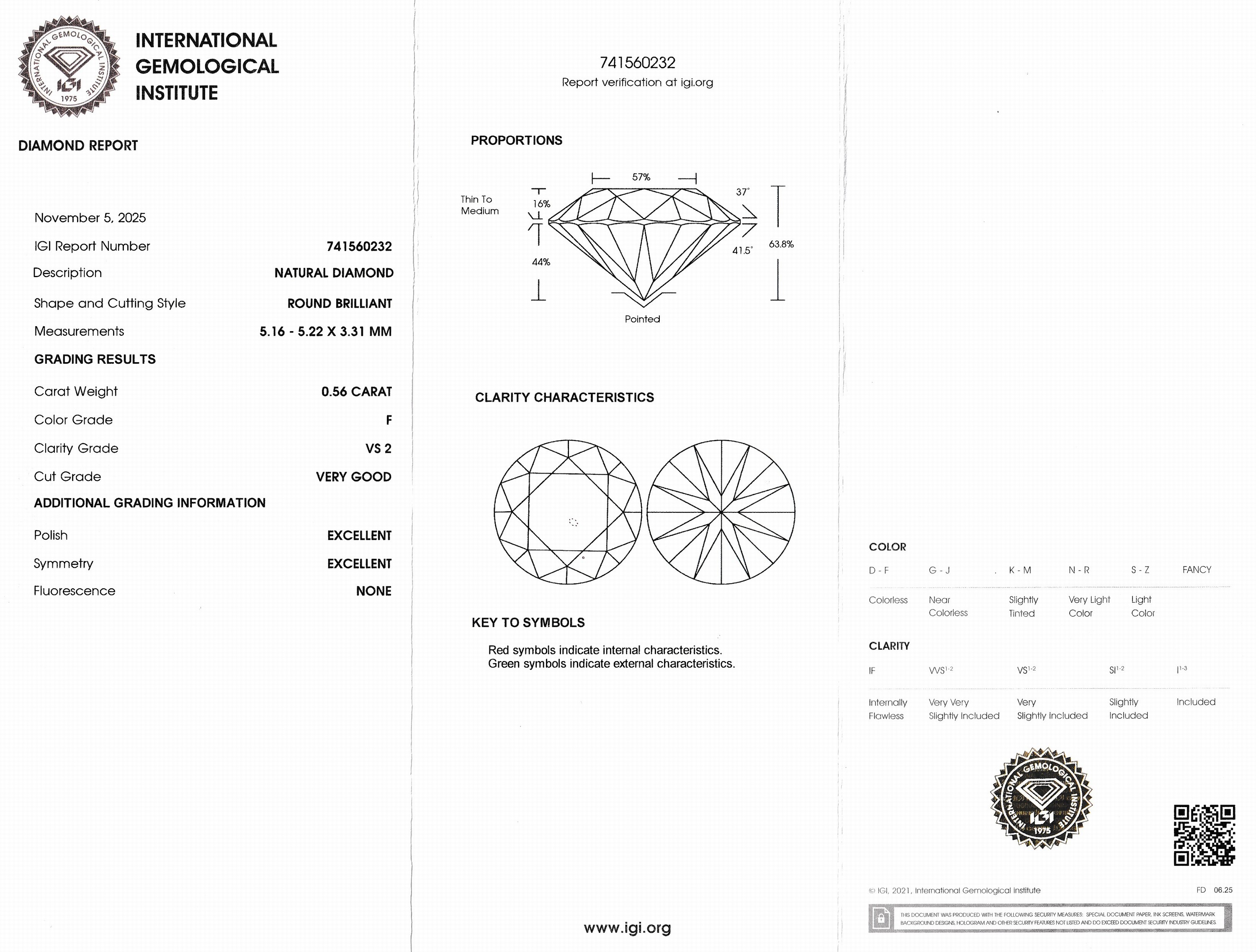 Detail a: Loser Brillant, 0.56 ct feines Weiß+(F)/vs2, eingeschweißt, IGI-Expertise
