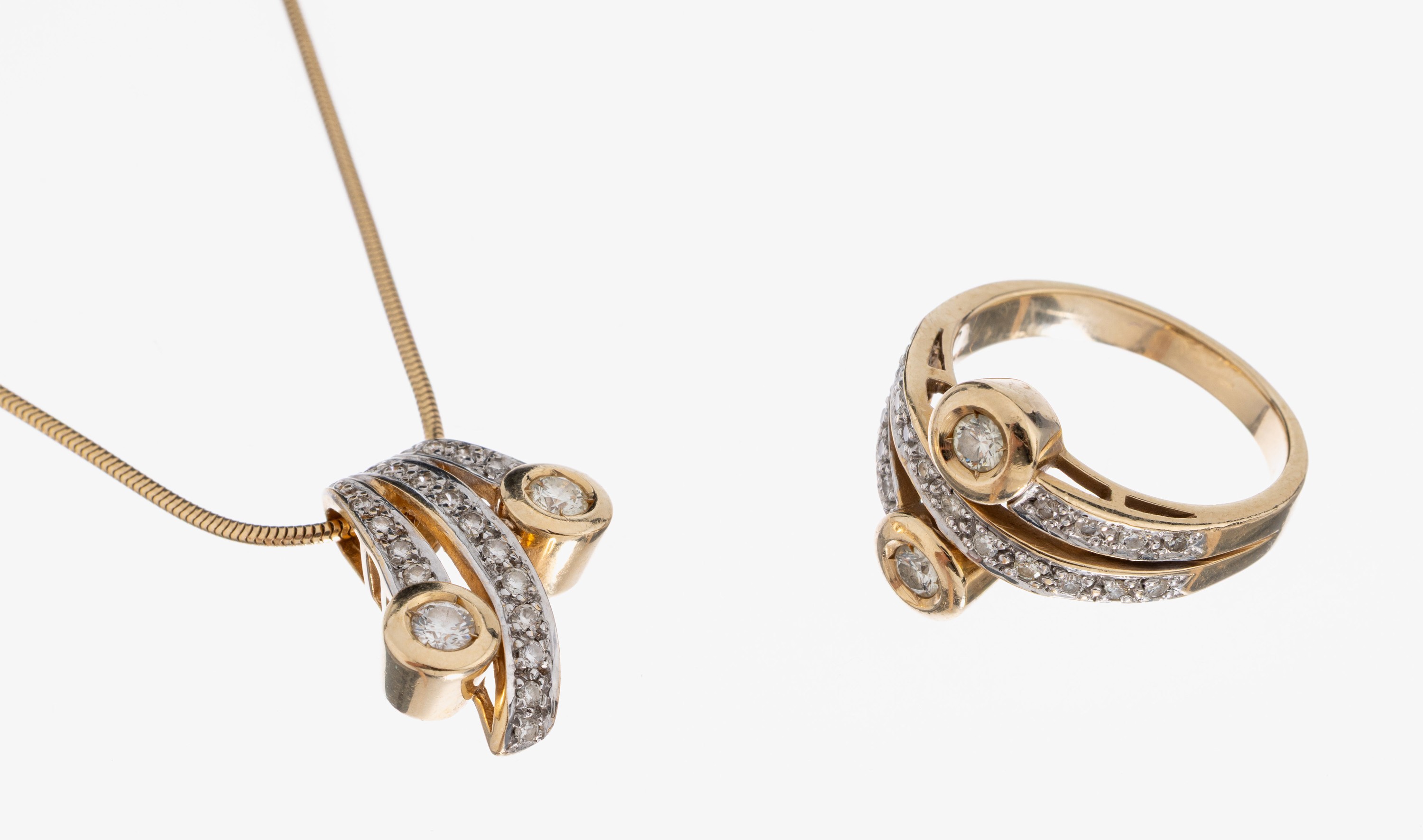 Image 27042684 - 14 kt Gold Brillant-Schmuckset, GG 585/000,best. aus: 1 Ring, RW 59, 21 Brillanten zus. ...