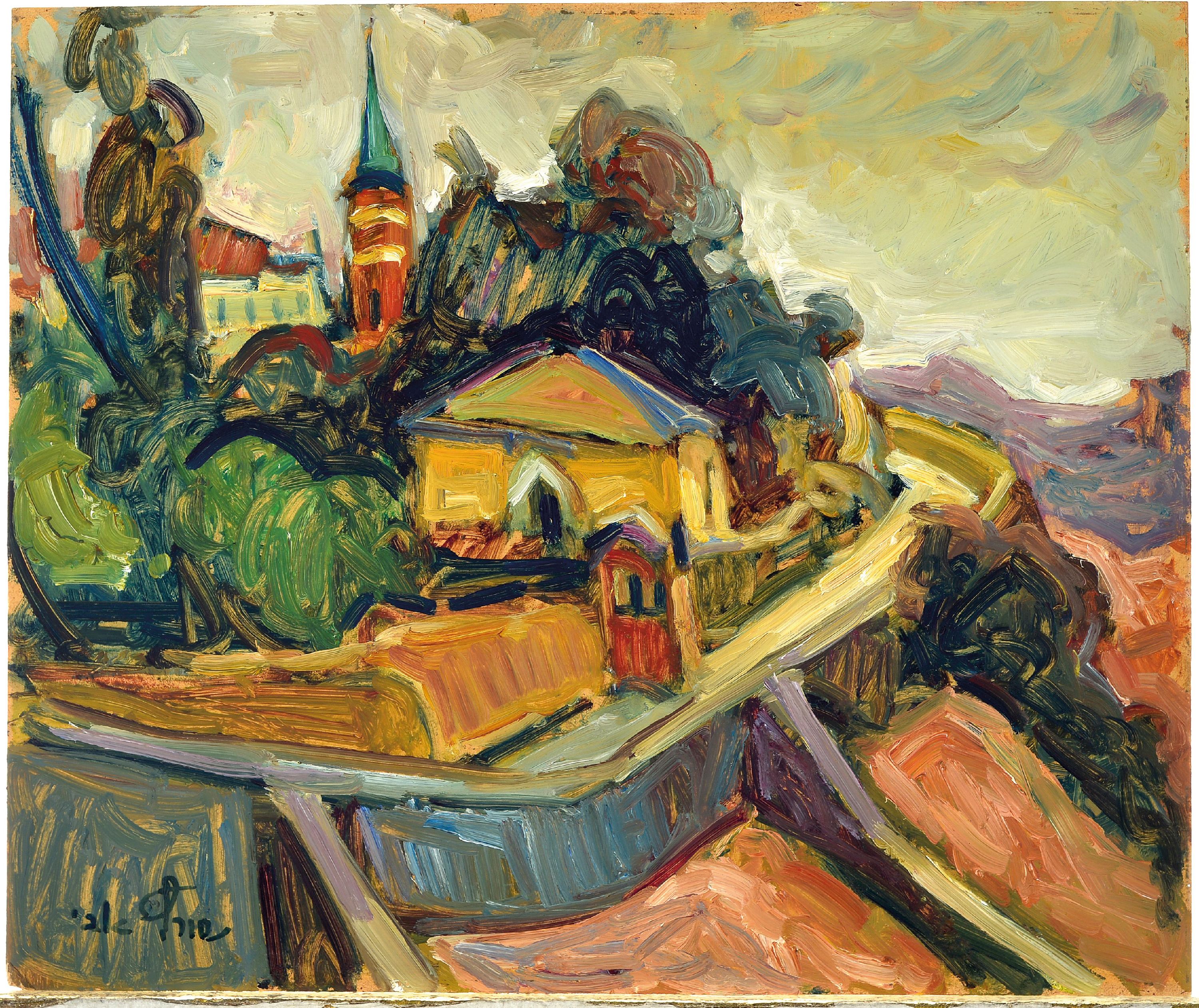 Detail k: Avi Schwartz, geb. 1938 Israel, Schlossanlage auf Bergkuppe, Öl/Hartfaser, links unten sign., ca. 38x45cm