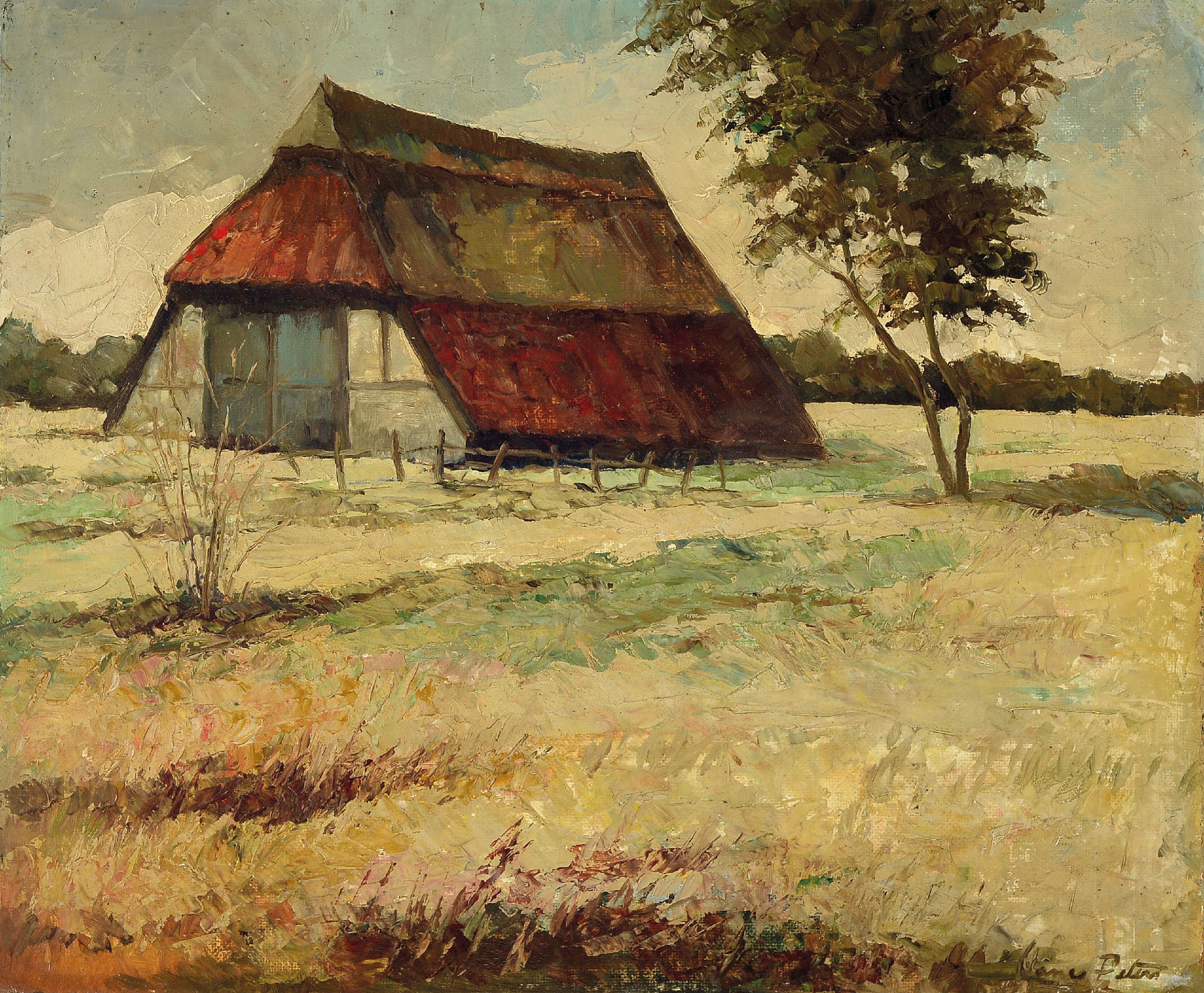 Image 27042697 - Manes Peters, 1906-1980, Norddeutsches Bauernhaus, Öl/Malkarton, rechts unten sign., ...