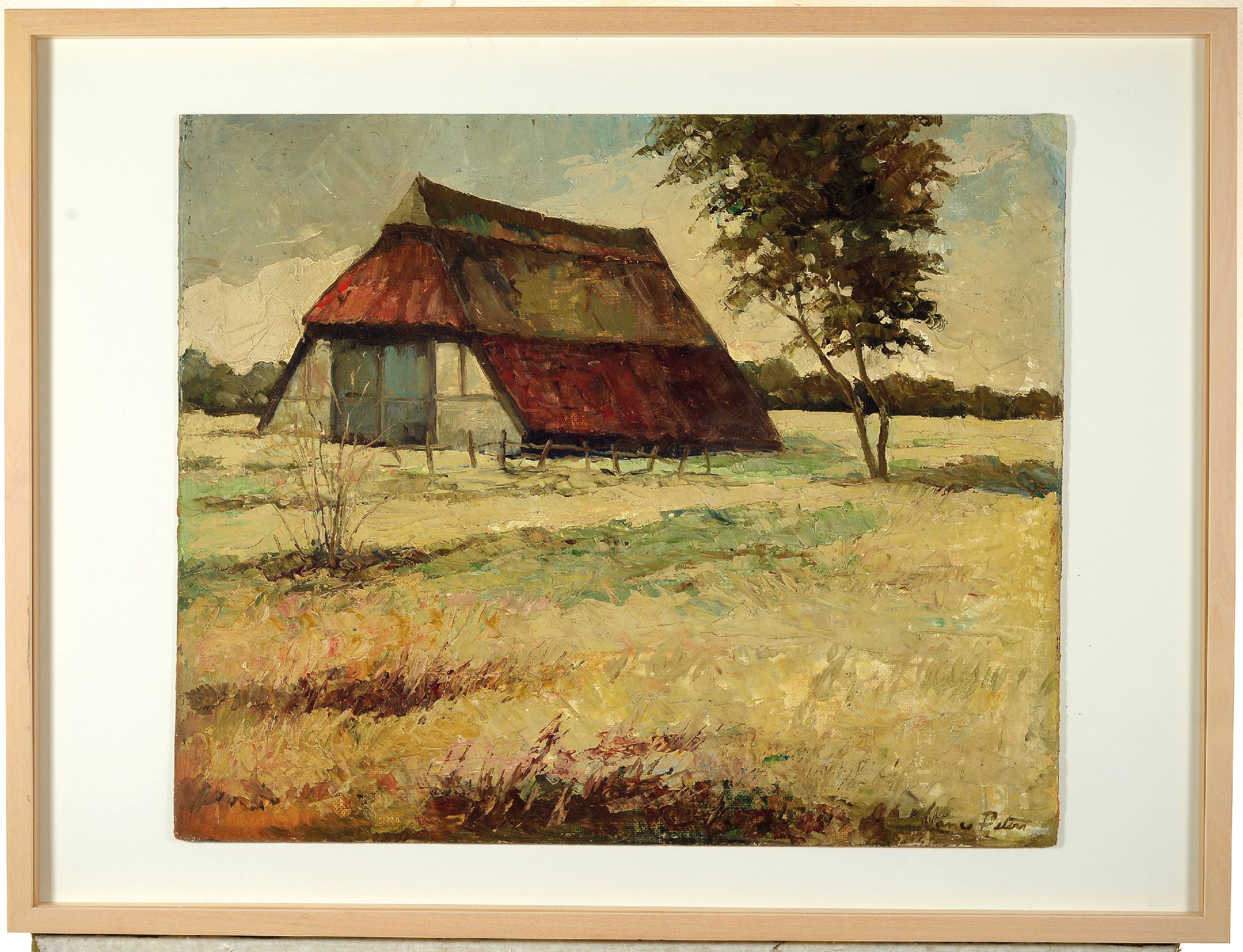 Detail k: Manes Peters, 1906-1980, Norddeutsches Bauernhaus, Öl/Malkarton, rechts unten sign., ca. 48x58cm, u.Gl., R. ca. 62x82cm