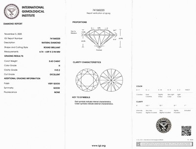 27042623a - Loser Brillant, 0.43 ct Weiß(H)/vvs2, eingeschweißt, IGI-Expertise Schätzpreis: 1650, ...