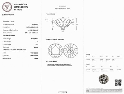 27042624a - Loser Brillant, 0.40 ct feines Weiß (F)/vs2, eingeschweißt, IGI-Expertise Schätzpreis: ...