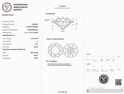27042627a - Loser Brillant, 0.78 ct Weiß(H)/vs2, eingeschweißt, IGI-Expertise Schätzpreis: 2800, - ...