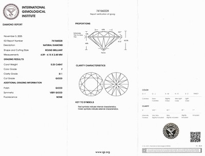 27042638a - Loser Brillant, 0.25 ct feines Weiß (F)/si1, eingeschweißt, IGI-Expertise Schätzpreis: ...