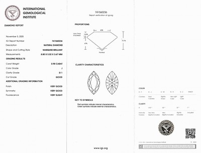 27042644a - Lose Diamant-Navette, 0.98 ct l.get.Weiß(J)/ si1, eingeschweißt, IGI-Expertise ...