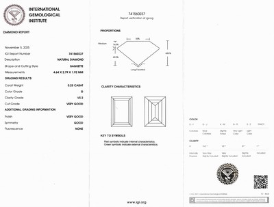 27042645a - Loser Diamant, 0.25 ct feines Weiß(G)/vs2, Baguette, eingeschweißt, IGI-Expertise ...