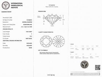 27042646a - Loser Brillant, 0.56 ct feines Weiß (F)/vs2, eingeschweißt, IGI-Expertise Schätzpreis: ...