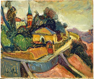 27042696k - Avi Schwartz, geb. 1938 Israel, Schlossanlage auf Bergkuppe, Öl/Hartfaser, links unten ...