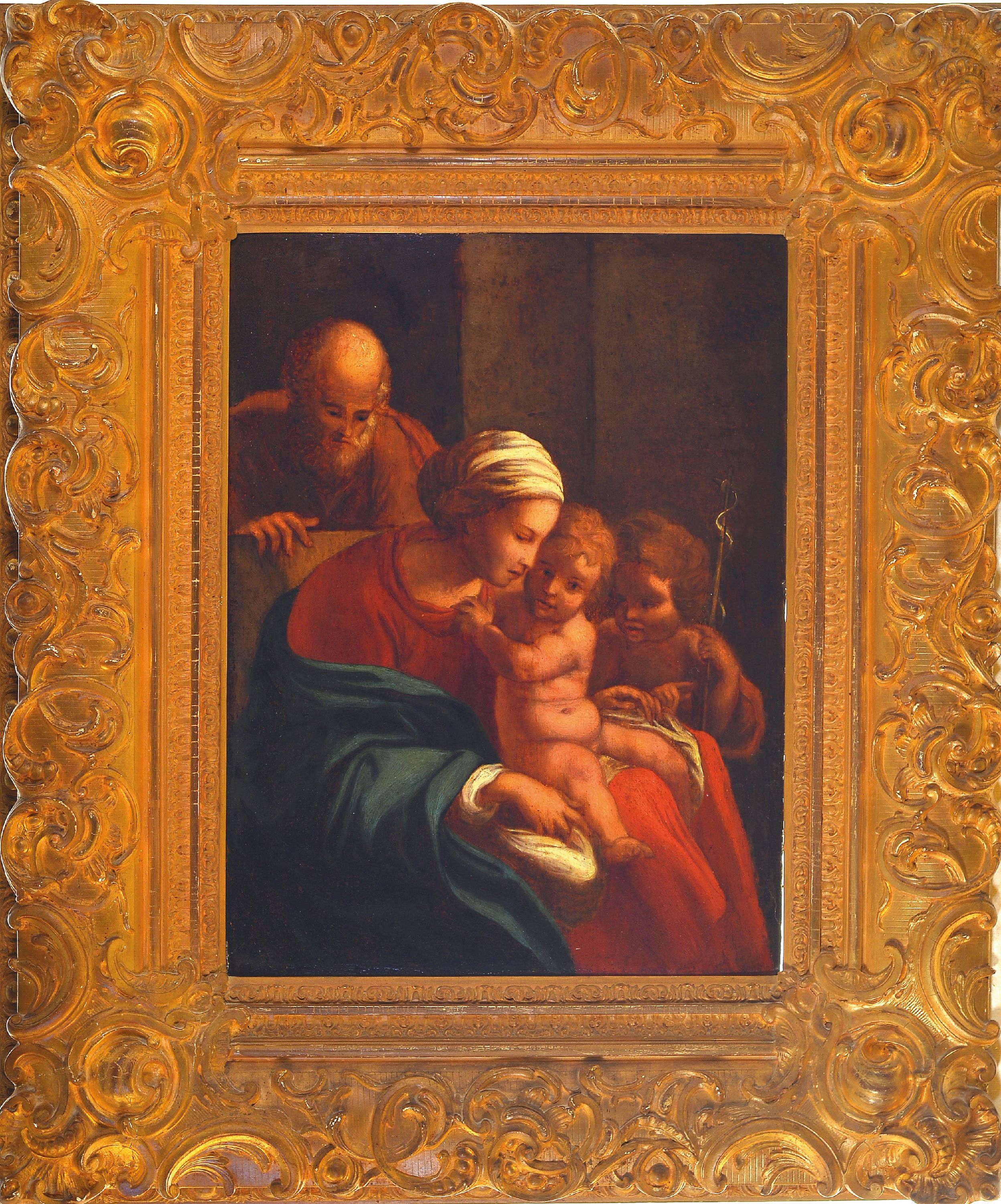 Detail k: Unbekannter Künstler der florentiner Schule, 18.Jh., Heilige Familie mit dem Johannesknaben, unsigniert, Öl/Holz, 55x40 cm, opulenter ...