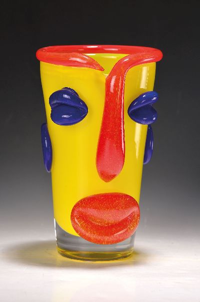 27042738k - Vase, Tschechien, 1980er Jahre, farbloses Glas mit opak-gelben Innenüberfang, ...