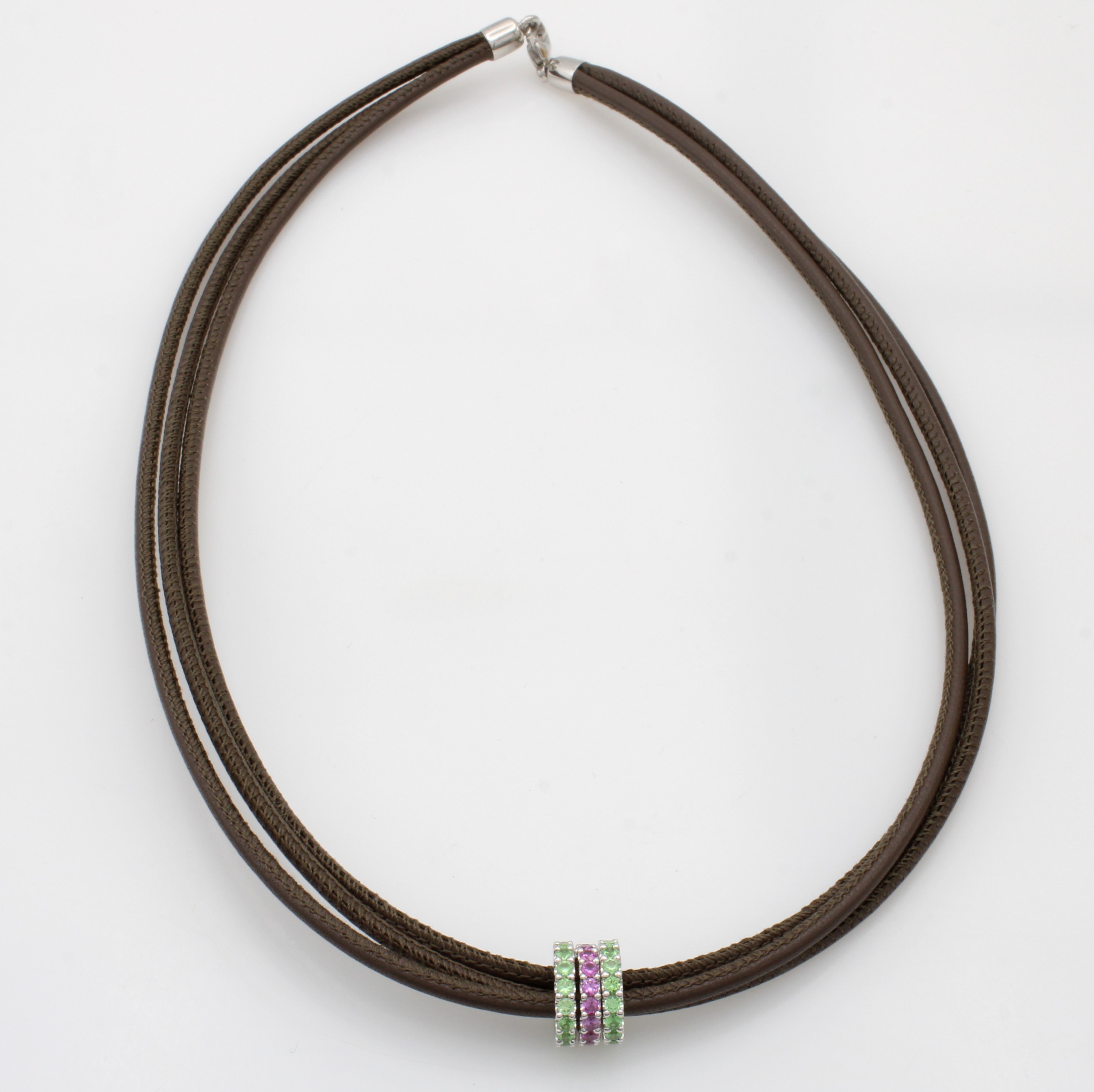 Image 27042817 - 3-reihiges Ledercollier mit Farbsteinen, WG 750/000, Rondellen bes. m. pinkf. Saphiren ...