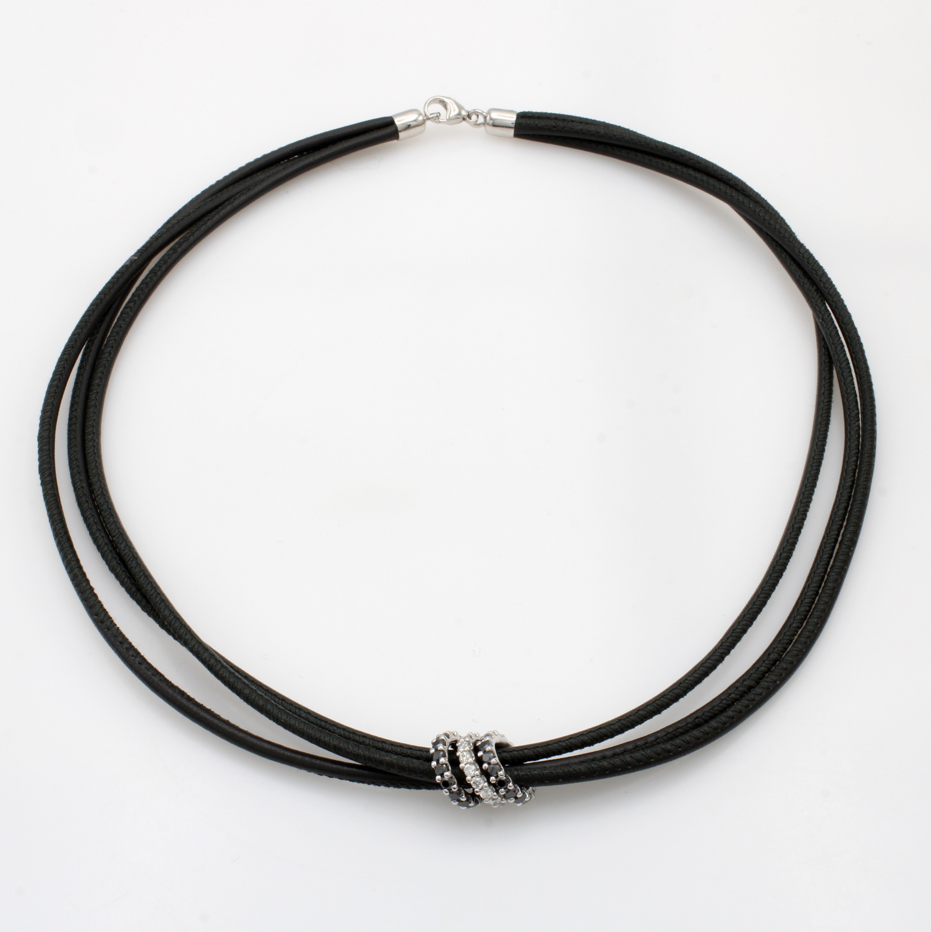 Image 27042828 - 3-teiliges Ledercollier mit Brillanteinhängern, WG 750/000, Rondellen bes. mit Brill. ...