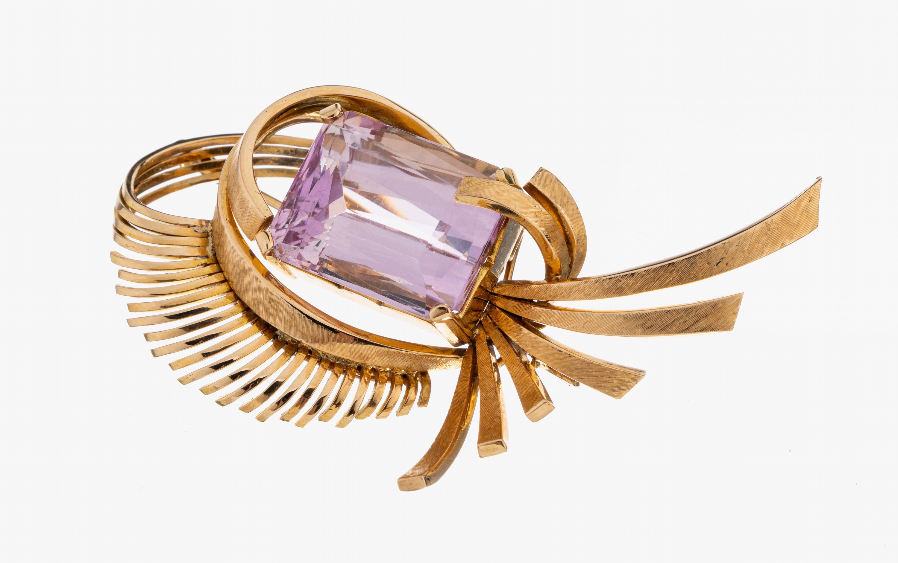 Image 27042839 - 18 kt Gold Kunzit-Brosche, 1950er-60er Jahre, GG 750/000 gepr., sehr hochwertige ...