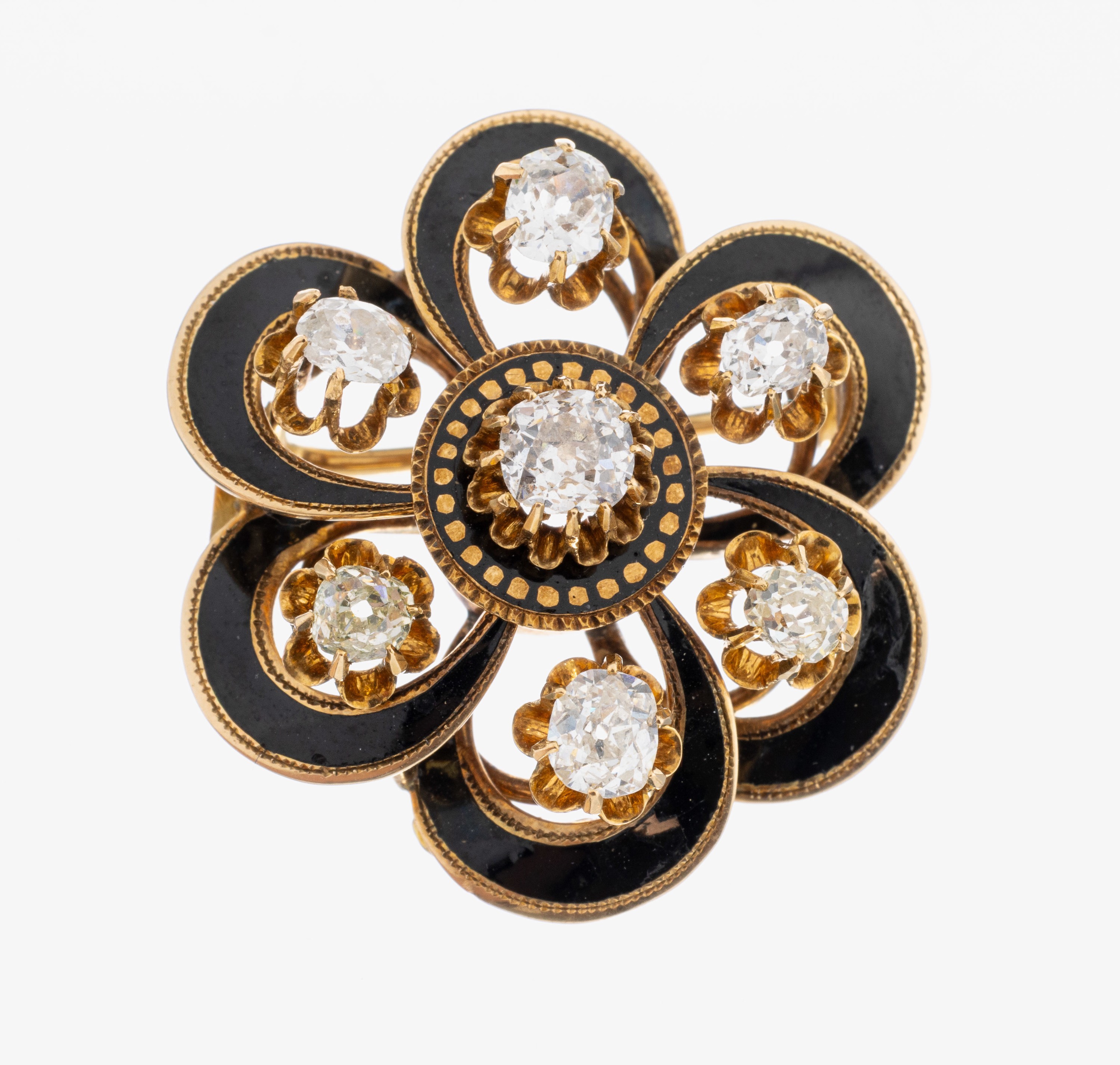 Image 27042842 - 14 kt Gold Diamant-Email-Brosche, um 1860-80, GG 585/000 gepr., hochwertige ...