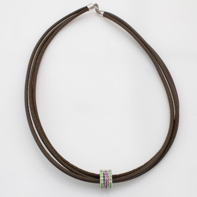 Image 3-reihiges Ledercollier mit Farbsteinen, WG 750/000, Rondellen bes. m. pinkf. Saphiren ...