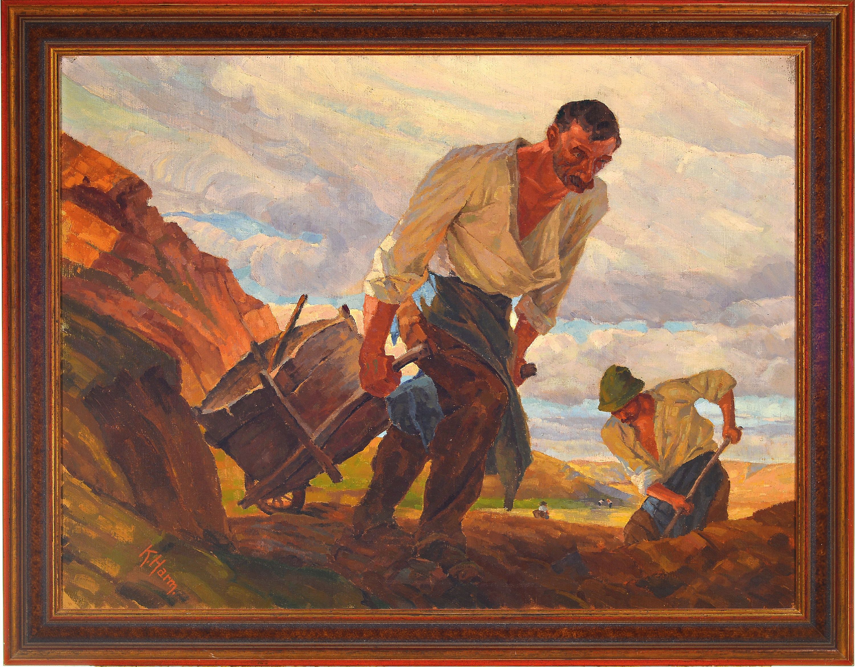 Detail k: Karl Harm, Künstler der Mitte des 20.Jh., Zwei Arbeiter in heroischer Darstellung, 1930/40er-Jahre, links unten signiert, Öl/Lwd, 66x86 cm, Rahmen ...