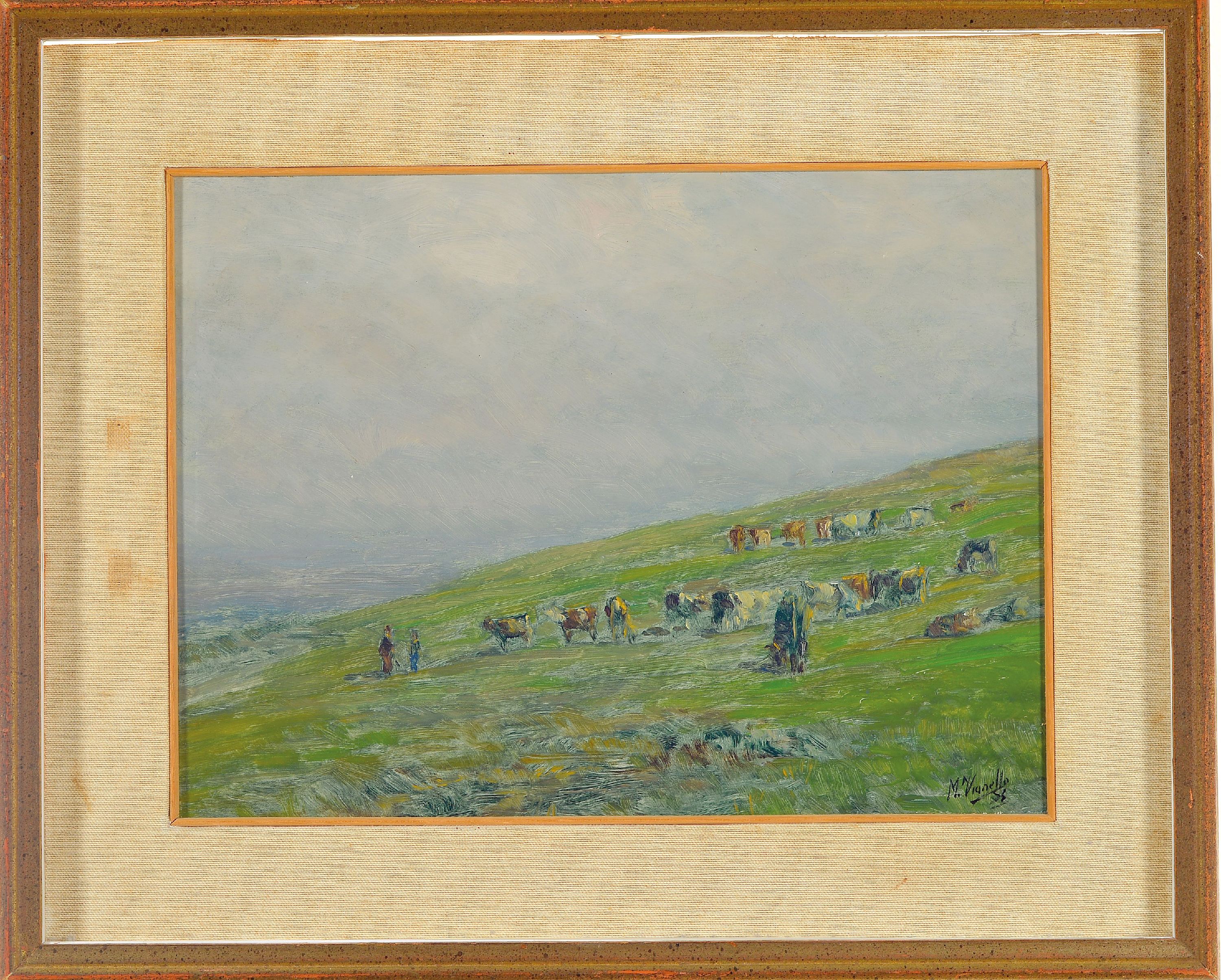 Detail k: Marcello Vianello, 1909 Verona-1985, Küstenlandschaft mit Kühen auf der Weide, 1955, rechts unten signiert und datiert, Öl/Hartfaser, 30x40 cm, ...