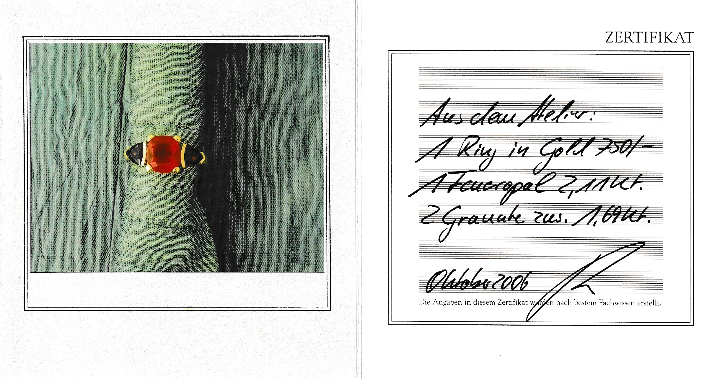 Detail a: 18 kt Gold Feueropal-Granat-Ring, GG 750/000, mittig ein facett. Feueropal ca. 2.1 ct, umgeben von 2 Granat-Triangeln zus. ca. 1.6 ct, RW 58, ca. ...