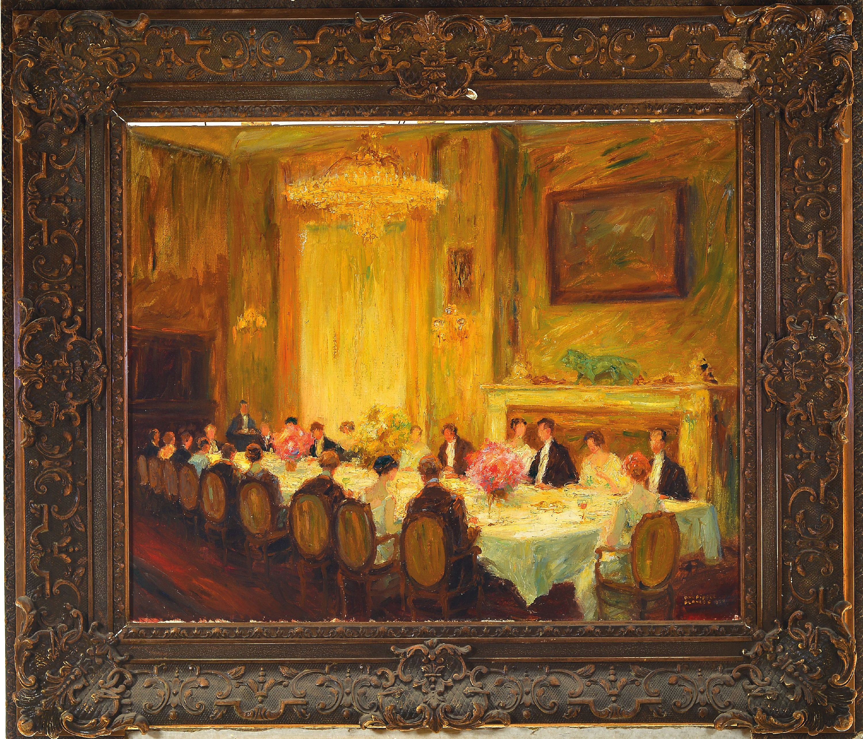 Detail k: Otto Pippel, 1878 Lodz-1960 Planegg, "Abendtafel" so auf altem Künstleretikett bez., Abendgesellschaft an festlich gedeckter Tafel unter ...