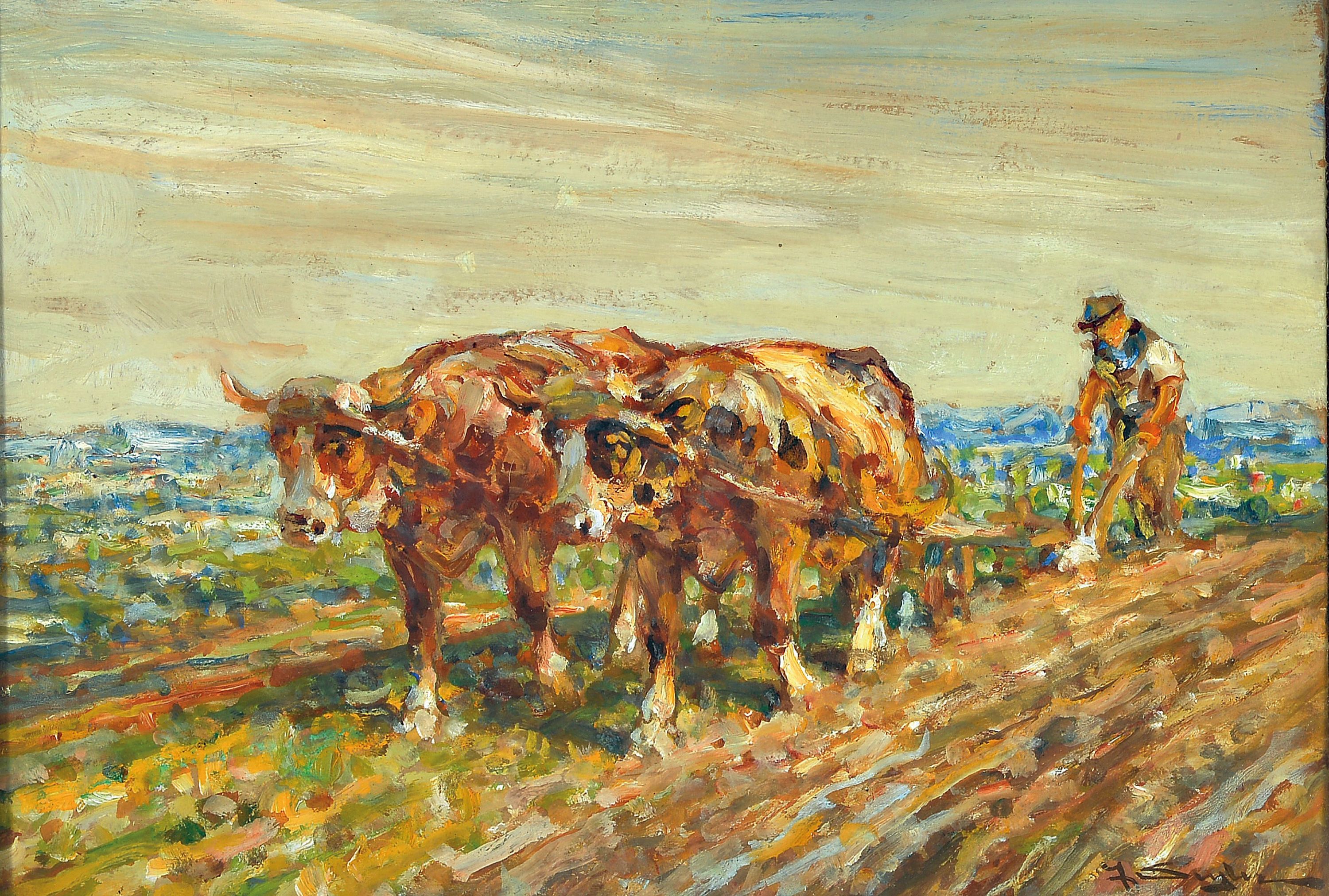 Image 27043703 - Julius Seyler, 1873-1958 München, Bauer mit zwei Ochsen vor dem Pflug, 1920 -Jahre, ...