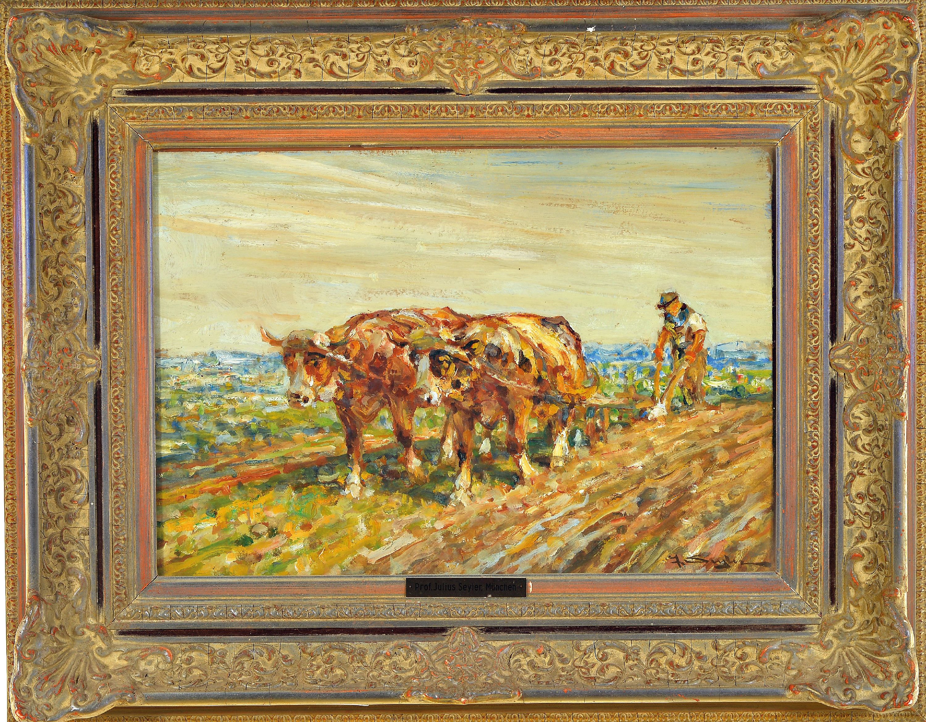 Detail k: Julius Seyler, 1873-1958 München, Bauer mit zwei Ochsen vor dem Pflug, 1920 -Jahre, rechts unten signiert, Öl/Karton, ca. 36x50 cm, unter Glas, ...