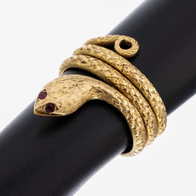 Image 14 kt Gold Rubin-Schlangenring, GG 585/000 gepr., Oberfläche strukt., Augen 2 kl. ...