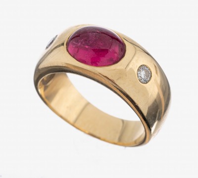 Image 14 kt Gold Turmalin-Brillant-Ring, GG 585/000, mittig ovaler Turmalin-Cabochon ca. 3.0 ...