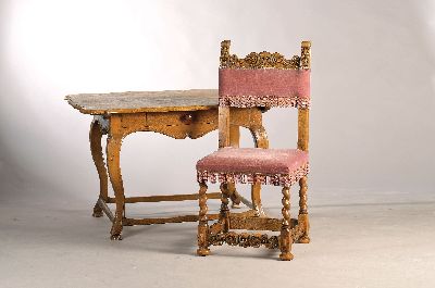 Image Barocktisch mit 2 Stühlen, um 1750, Eiche massiv, orig. Fußsteg, Platte mit ...