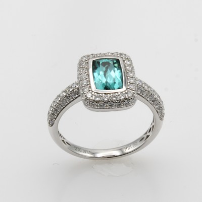 Image Ring mit Indigolith und Brillanten, WG 750/ 000, Indigolith im Antikschliff ca. 1.40 ct ...